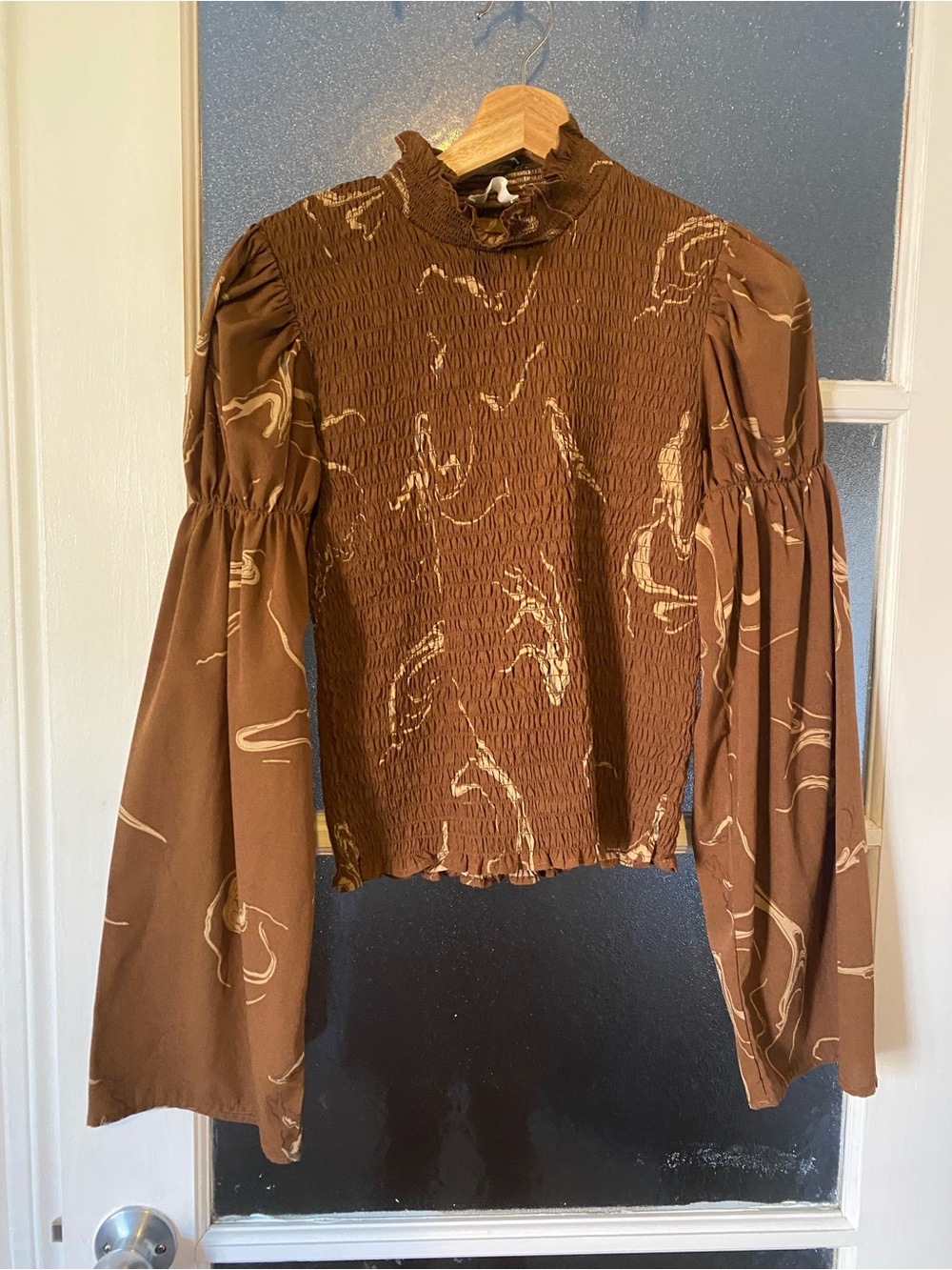 OAK + FORT Brown Smocked Blouse with Cream Swirl Print and Balloon Sleeves